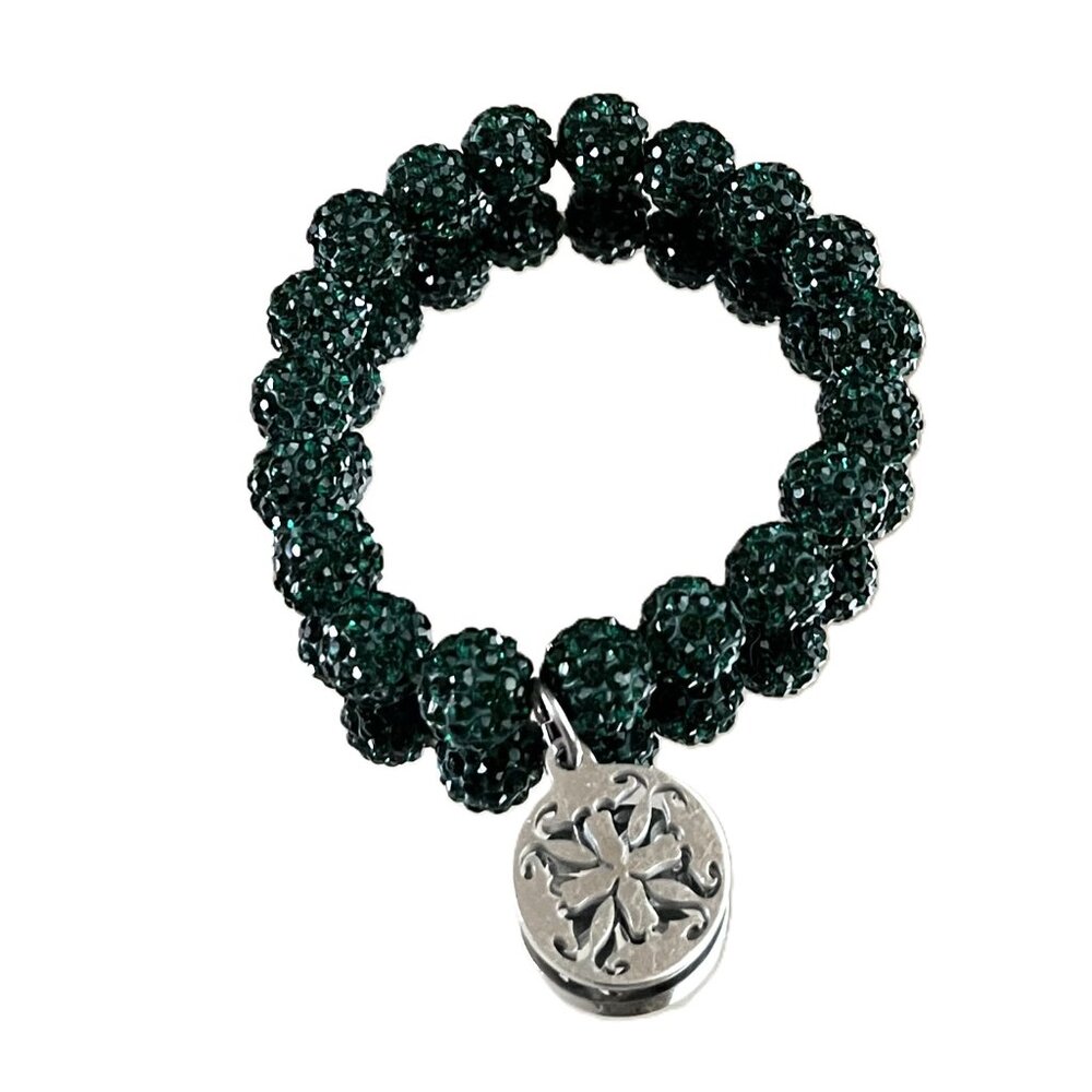 Rustic Cuff Metal Stainless Steel Shambala Beaded Stretch Bracelet Forest Green